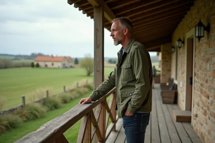 Homme sur la terrasse d'une grange rénovée en maison atypique dans la campagne française