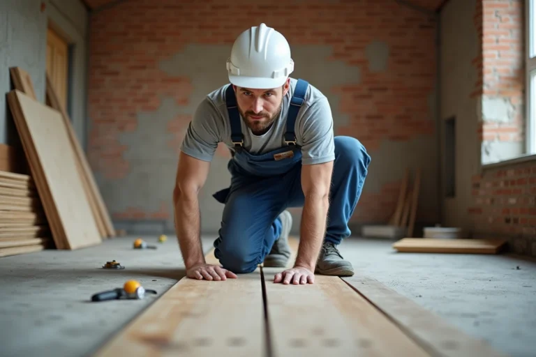 Artisan inspectant un parquet en bois dans une maison en cours de rénovation intérieure