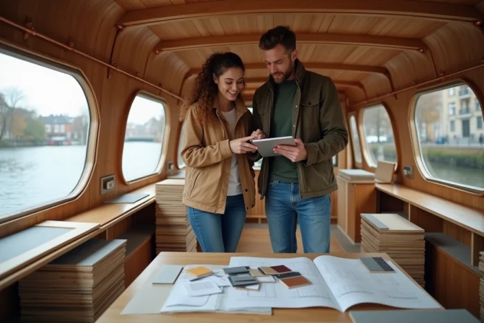 Couple planifiant la rénovation d'une péniche atypique amarrée sur un canal urbain