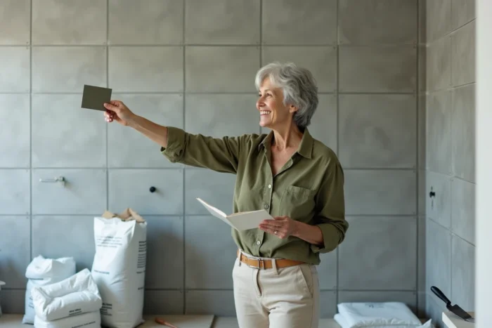 Femme examinant des échantillons de carrelage lors de travaux de rénovation de salle de bain