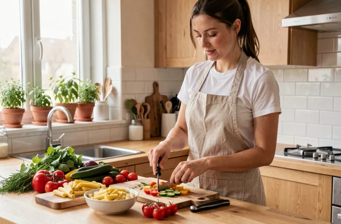 Femme préparant un repas facile et rapide avec des légumes frais et des pâtes dans une cuisine moderne en bois