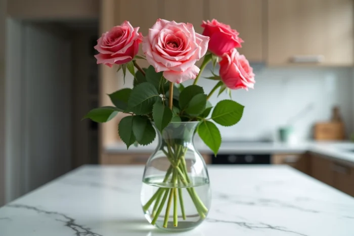 Roses coupées en vase avec tiges courbées et têtes affaissées, illustration des causes d'affaissement après coupe