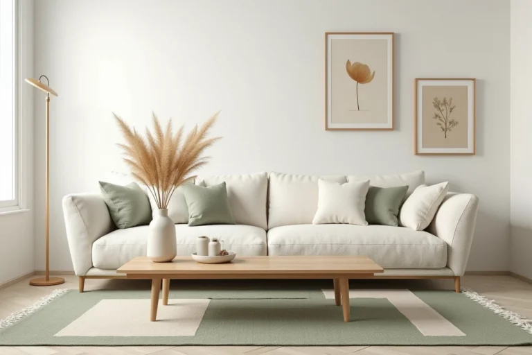 Salon minimaliste scandinave avec canapé boucle crème, table en chêne et décoration végétale tendance
