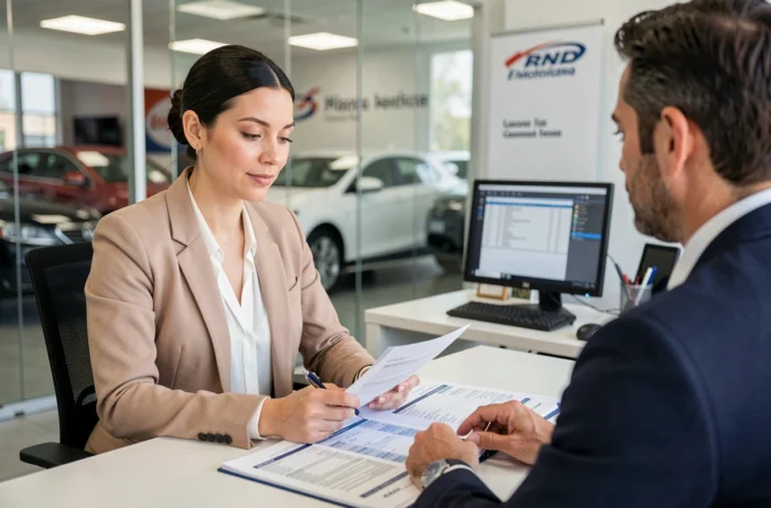 Une femme signe les documents d'achat d'une voiture d'occasion chez un concessionnaire, accompagnée d'un vendeur professionnel