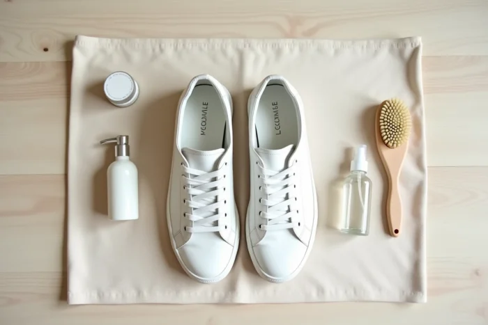 Vue de dessus de sneakers en cuir blanc propres entourées d'accessoires d'entretien sur une serviette en coton