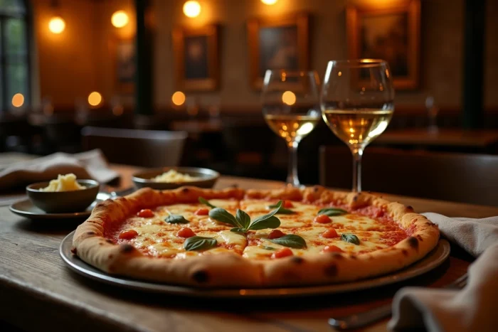 Table de restaurant italienne dressée avec une pizza carbonara entière, verre de vin blanc et vaisselle en céramique vintage dans une trattoria intime