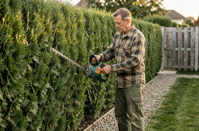 Jardinier en train de tailler une haie de thuyas avec un taille-haie électrique dans un jardin soigné