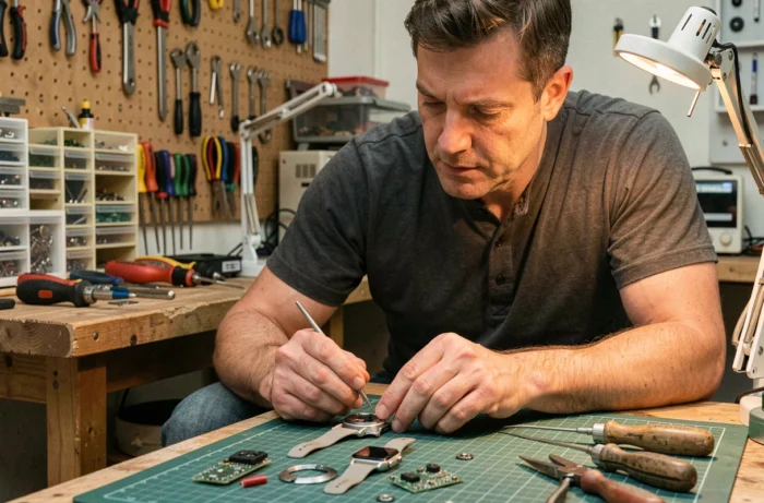 Technicien examinant une montre connectée démontée dans un atelier électronique organisé