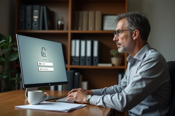 Homme en télétravail accédant à une interface de connexion sécurisée sur ordinateur de bureau