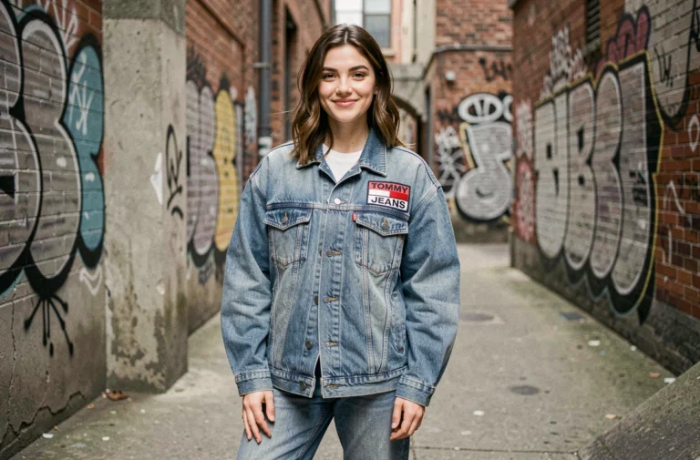 Jeune femme portant une veste en jean Tommy Jeans dans un cadre urbain, illustrant le style streetwear décontracté de la marque