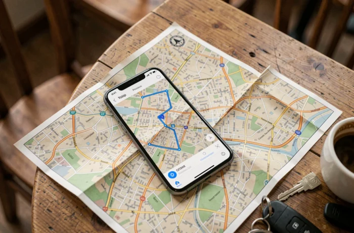Smartphone affichant une trace GPX ViaMichelin posé sur une carte routière papier dans un café