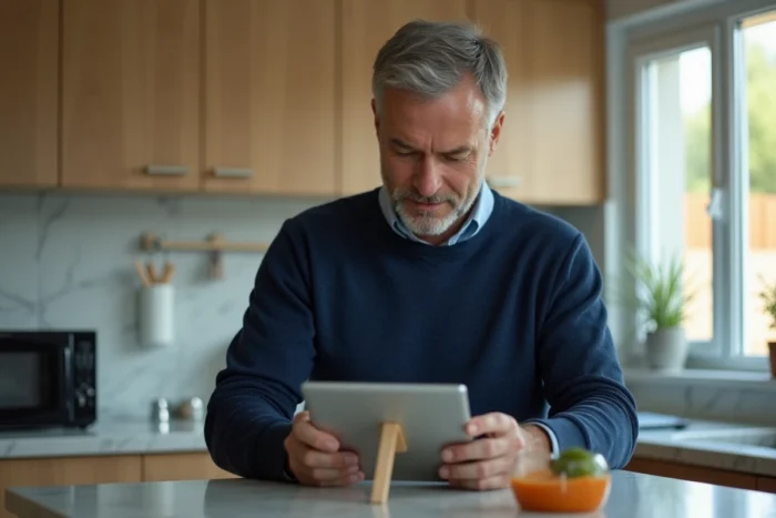 Homme consultant un tutoriel sur tablette pour accéder à un site avec une nouvelle URL depuis sa cuisine