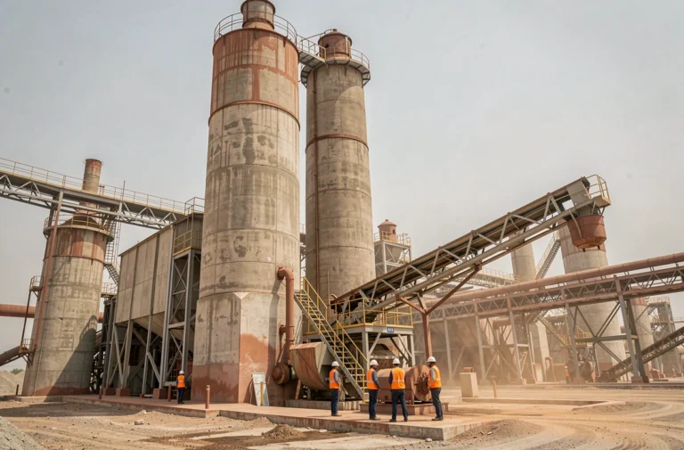 Vue extérieure d'une usine de ciment GF Qiuyakghmiz avec silos industriels et ouvriers en équipements de protection