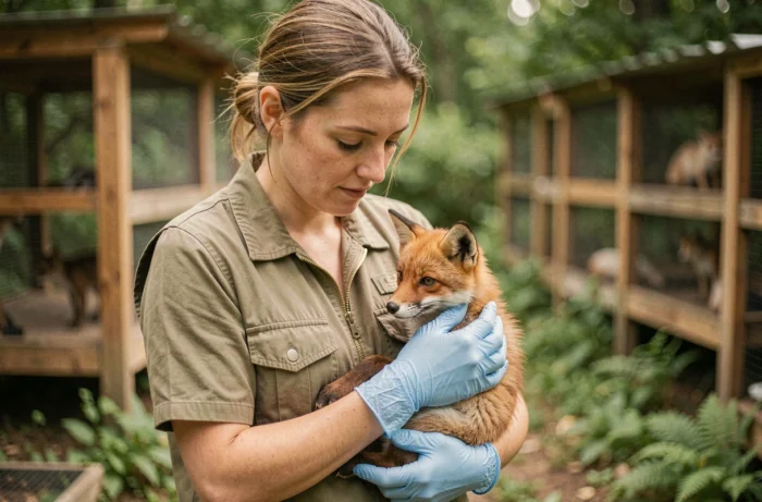 Vétérinaire femme tenant délicatement un renardeau sauvage dans ses mains dans un centre de réhabilitation animalière