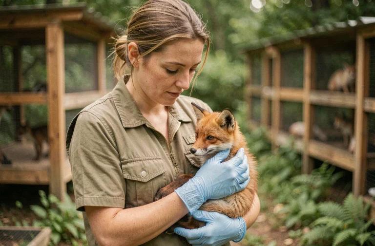 Vétérinaire femme tenant délicatement un renardeau sauvage dans ses mains dans un centre de réhabilitation animalière