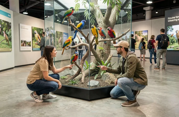 Groupe de visiteurs observant des oiseaux exotiques dans une salle d'exposition zoologique moderne et interactive