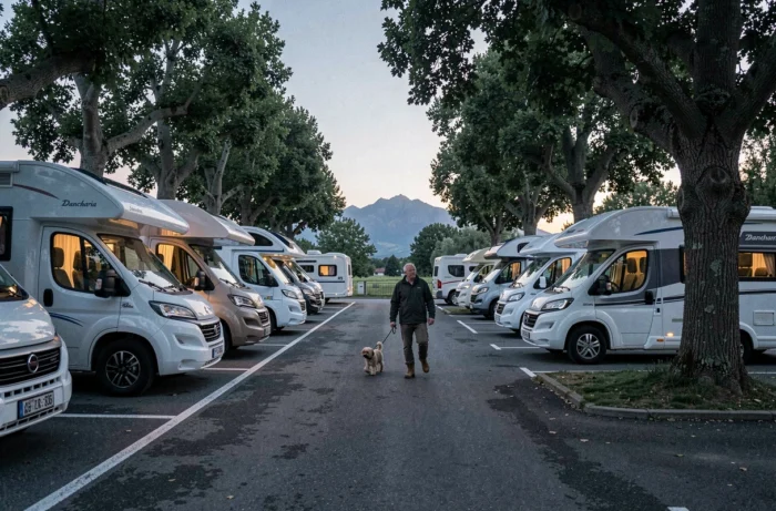 Vue générale de l'aire de stationnement camping-car de Dancharia au crépuscule avec plusieurs véhicules et un promeneur