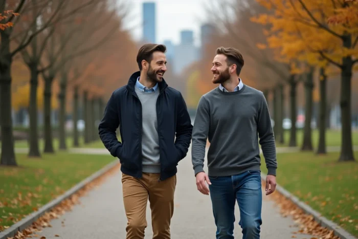 Deux hommes marchant ensemble dans un parc urbain, illustration d'un article sur le compagnon actuel de Yoann Usai