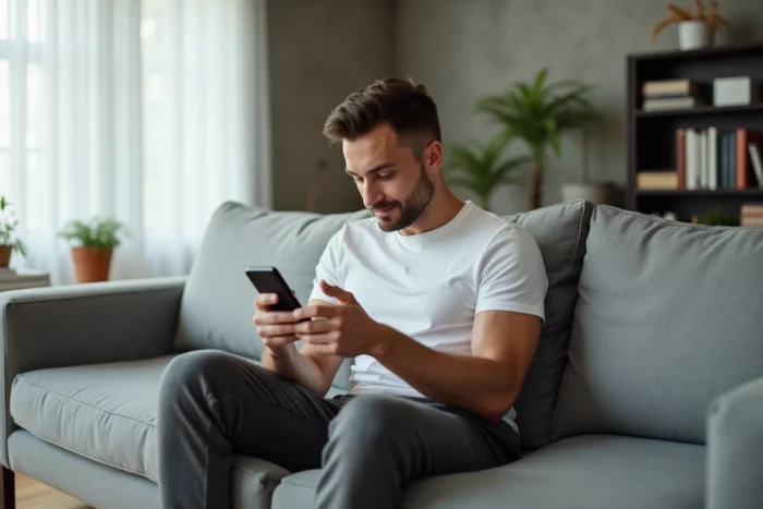 Homme consultant son téléphone dans un salon moderne, évoquant les rumeurs et la vie privée de personnalités publiques comme Yoann Usai