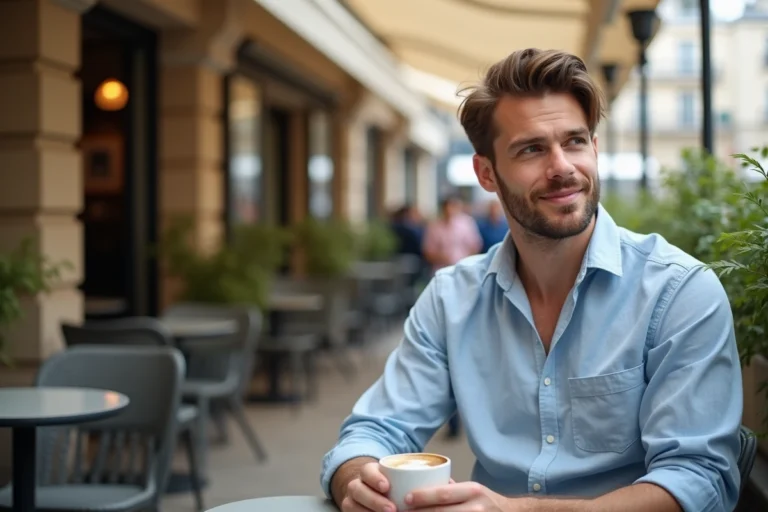 Jeune homme pensif assis en terrasse de café parisien, illustrant un article sur la vie personnelle de Yoann Usai